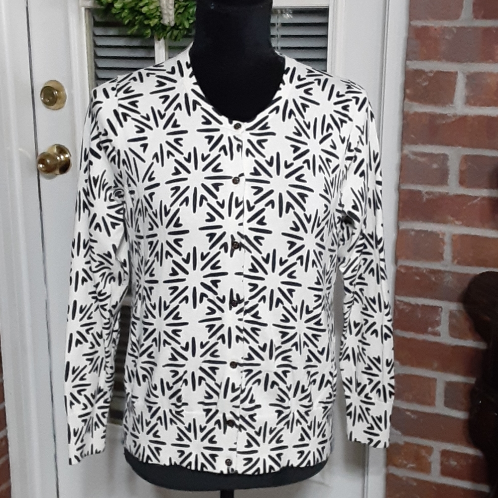 Land's End cardigan sweater black & off white print long sleeve EUC size…S EUC